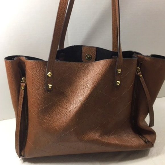 Vintage Saks Fifth Avenue Brown Leather Satchel Tote Bag Expandable Zip Sides - Picture 1 of 16